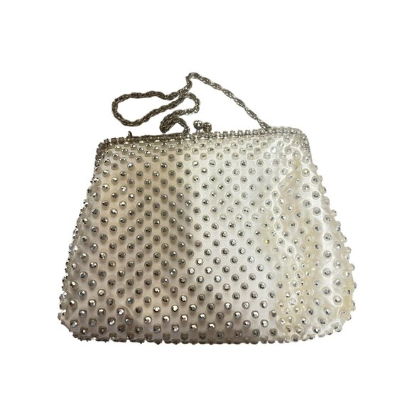 West Germany White Satin Rhinestone Beaded Purse With Change Purse Kiss Lock VTG - Picture 8 of 16